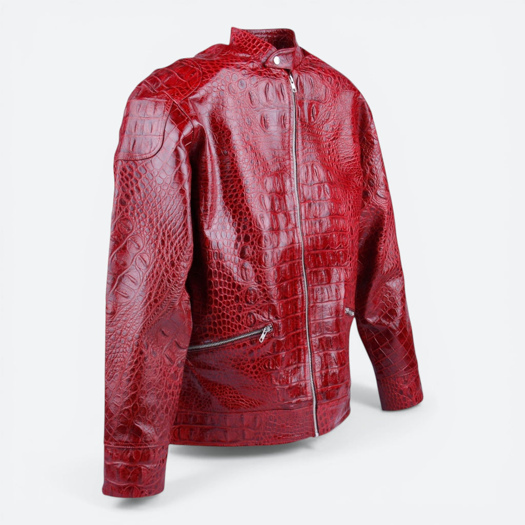 VEAR I Icon Jacket in red genuine hornback crocodile leather with a zippered front and collar.