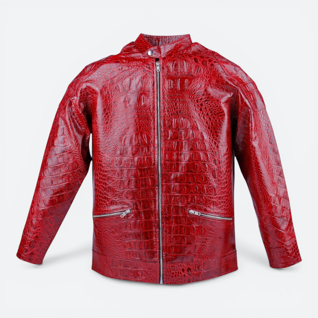 VEAR I Red Hornback Crocodile genuine leather jacket with zip closure and pockets.