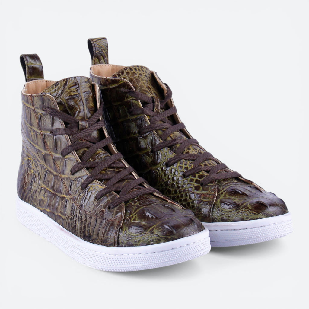 VEAR HI Top Sneakers in swamp green alligator leather with white soles and brown laces.