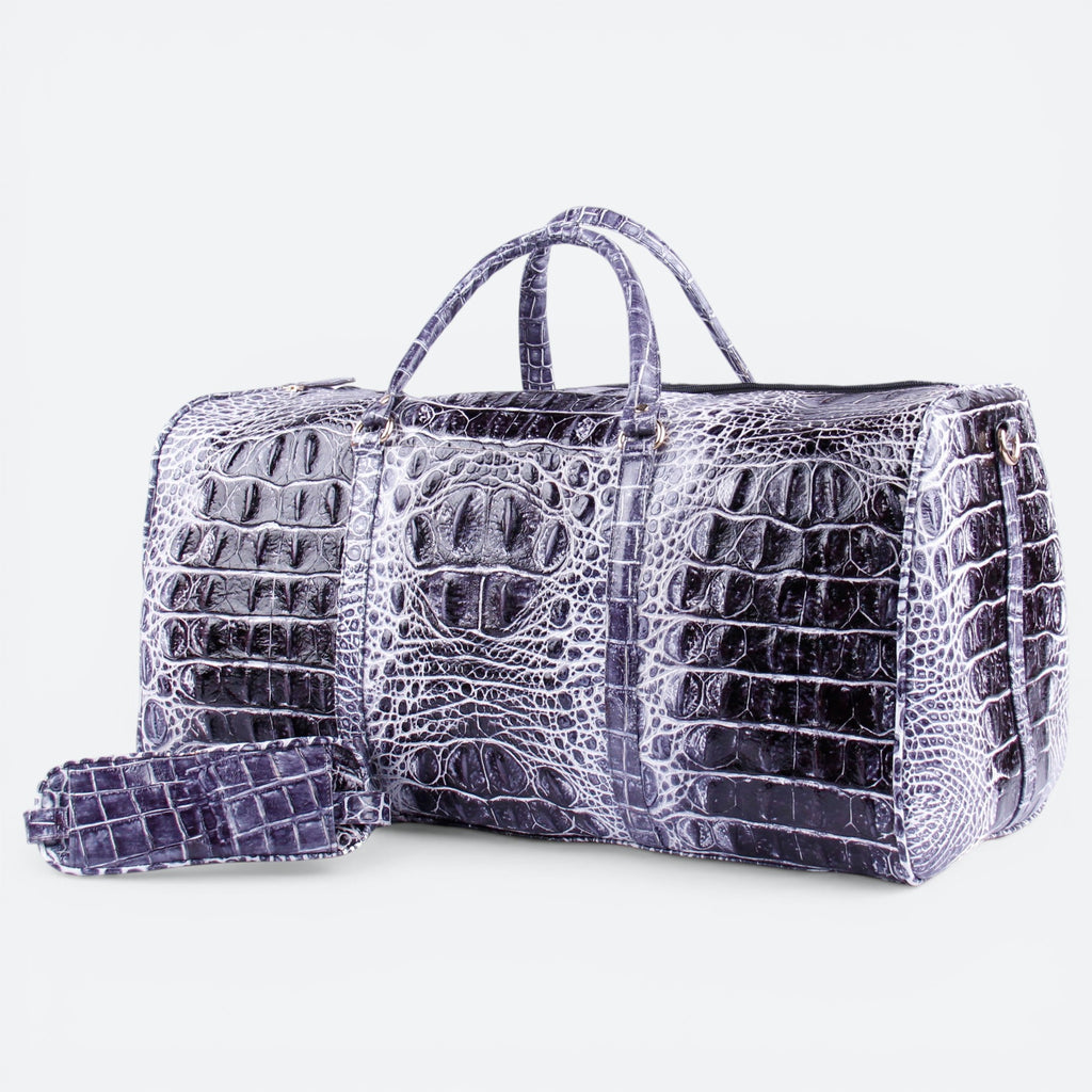 VEAR I Voyage carry-on duffel bag in bicolor black hornback crocodile leather with zip pockets and organizer pockets.