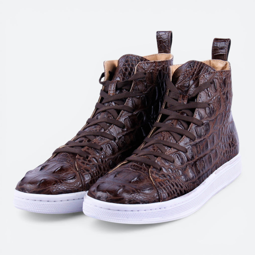 VEARI dark brown alligator leather hi-top sneakers with white soles and full leather lining.