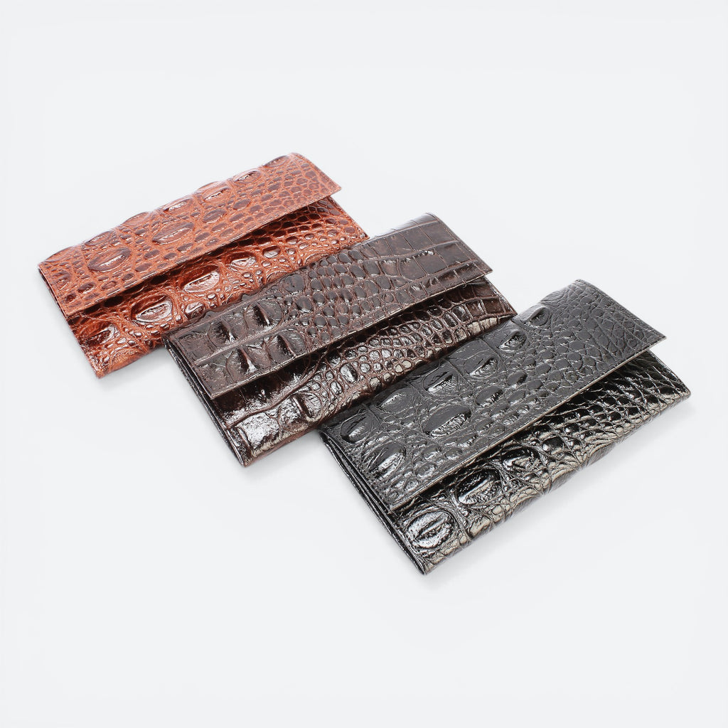 VEARI alligator genuine leather wallets in black, dark brown, and light brown. Textured finish.