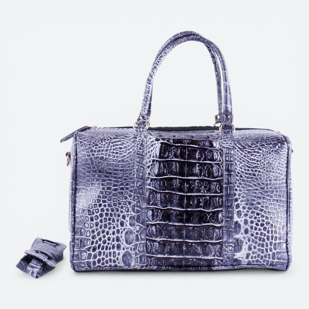 VEARI Voyage Medium Carry On bicolor black genuine hornback crocodile leather duffel bag with zip pocket and organizer pockets.