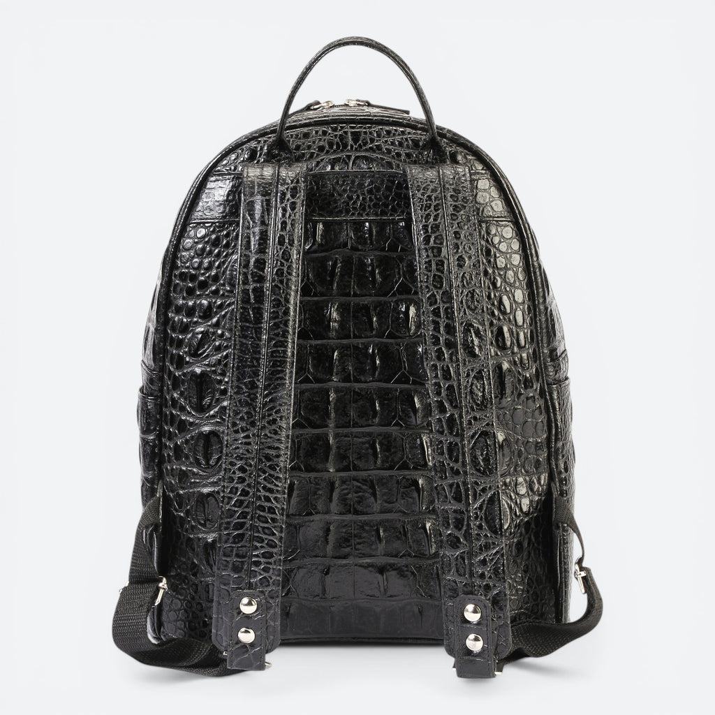VEARI black hornback crocodile genuine leather backpack with zip pocket and interior zip pocket.