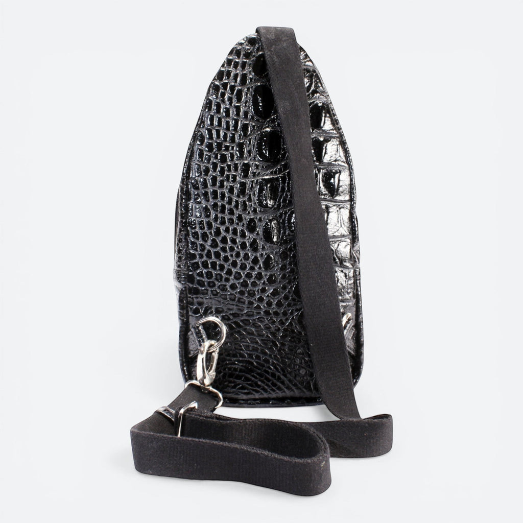 VEARI black hornback crocodile genuine leather backpack with zip pocket and organizer pockets.