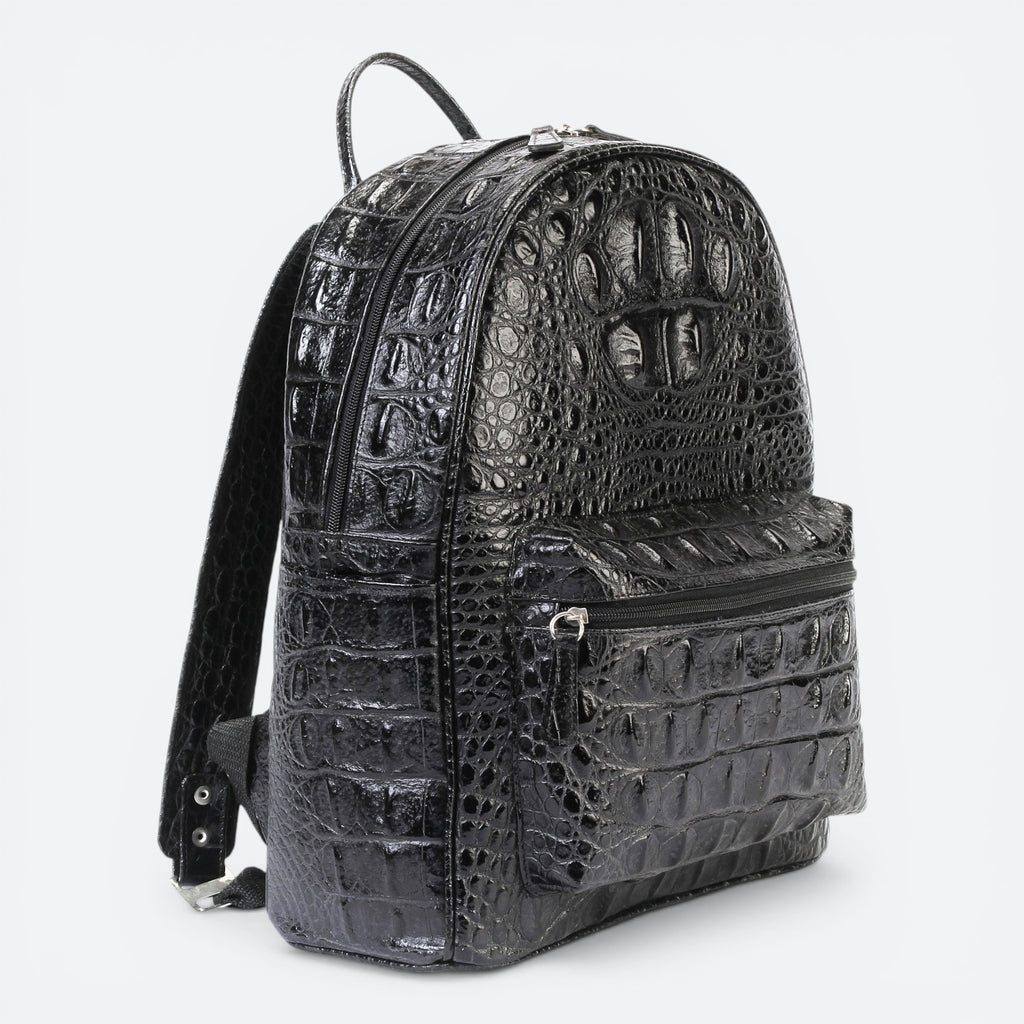 VEARI black hornback crocodile genuine leather backpack with zip pocket and interior zip pocket.