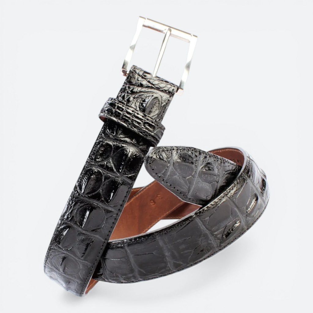 VEARI black genuine crocodile leather design belt with silver buckle, 1.3