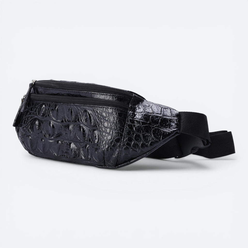 VEARI black genuine leather fanny pack with hornback crocodile design, zip pockets, and adjustable strap.