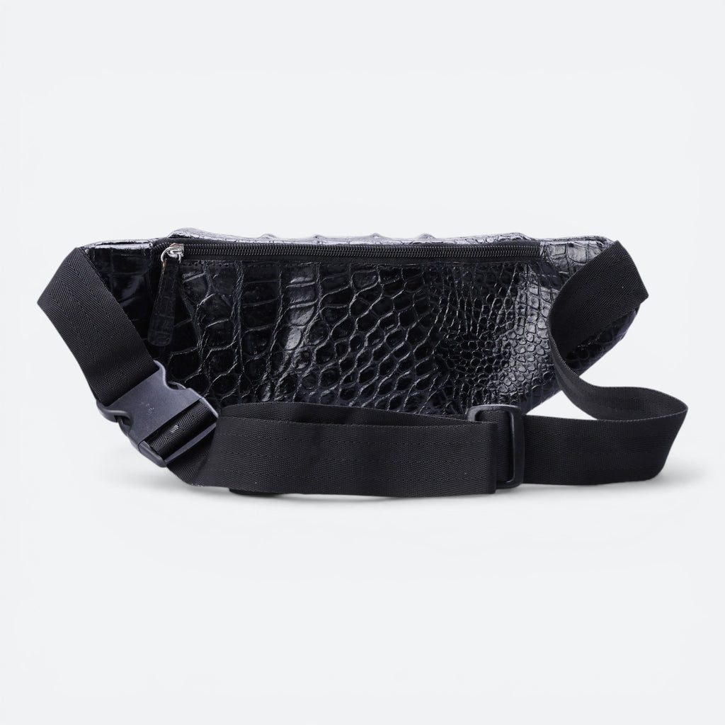 VEARI black genuine leather fanny pack with hornback crocodile design, zip pocket, and adjustable strap.