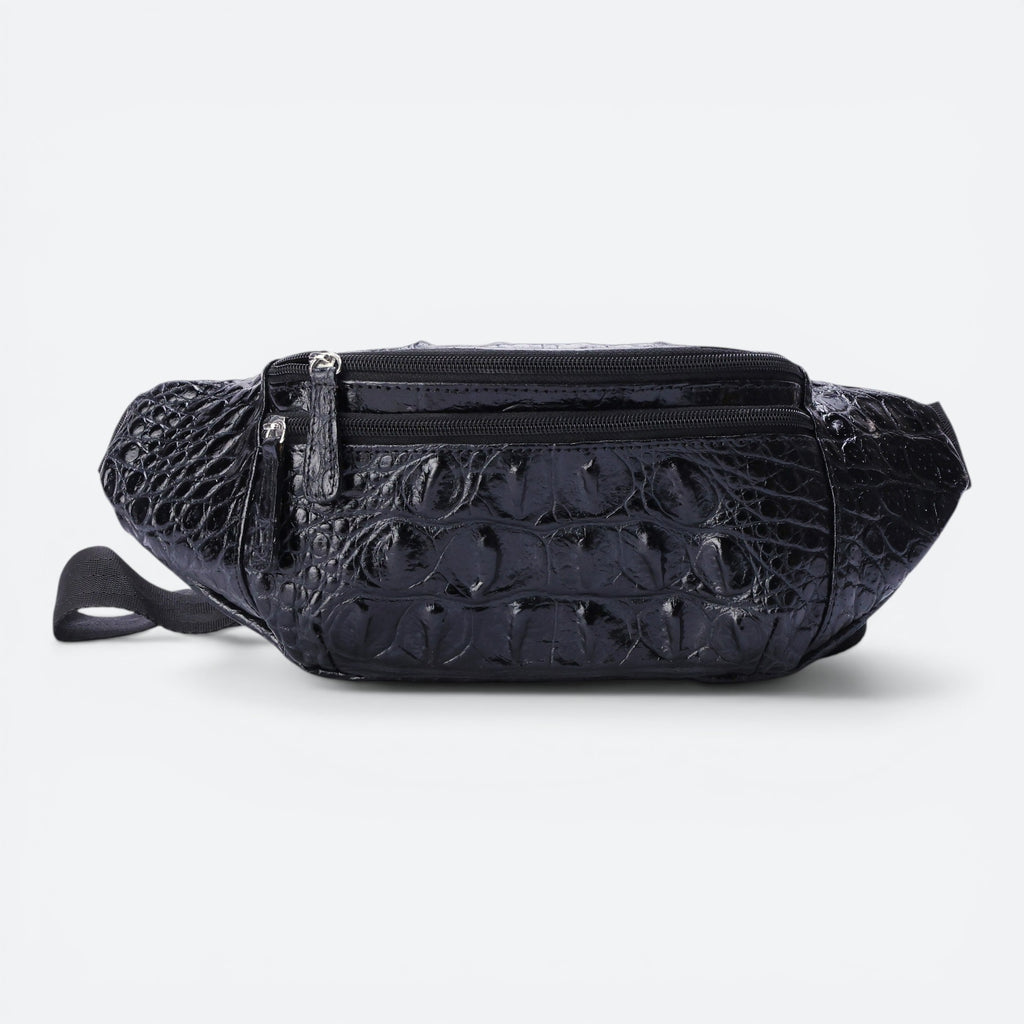 VEARI black genuine leather fanny pack with hornback crocodile design, zip pockets and organizer pockets.