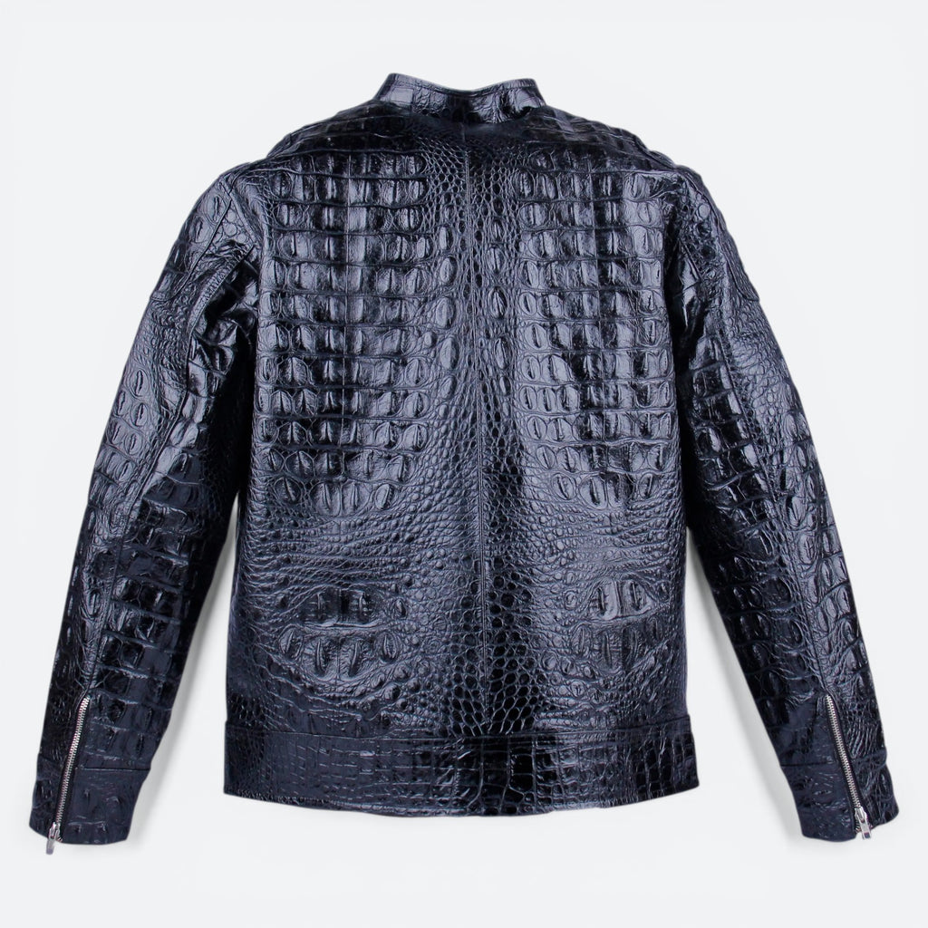 VEARI black genuine crocodile leather motorcycle jacket with silver zippers on cuffs.