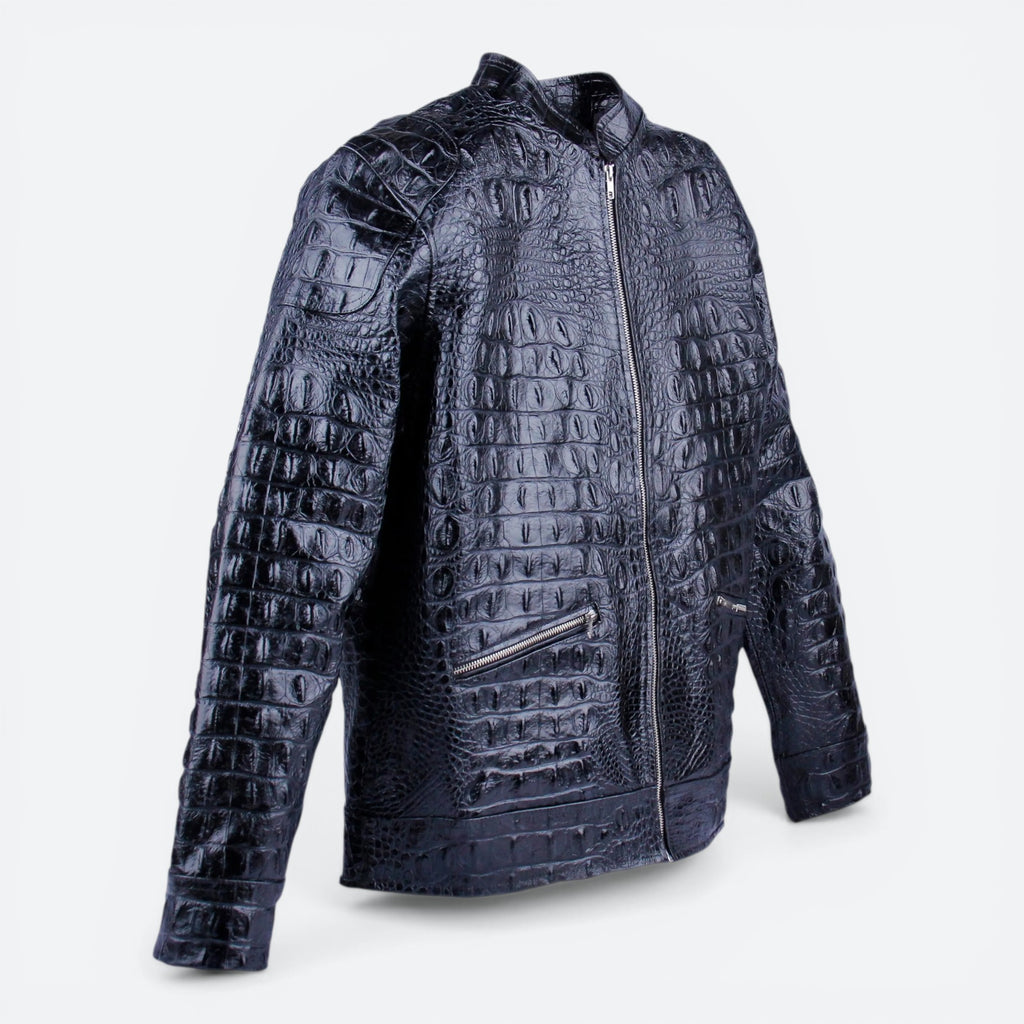 VEARI black genuine crocodile leather motorcycle jacket with zip closure and zippered pocket.