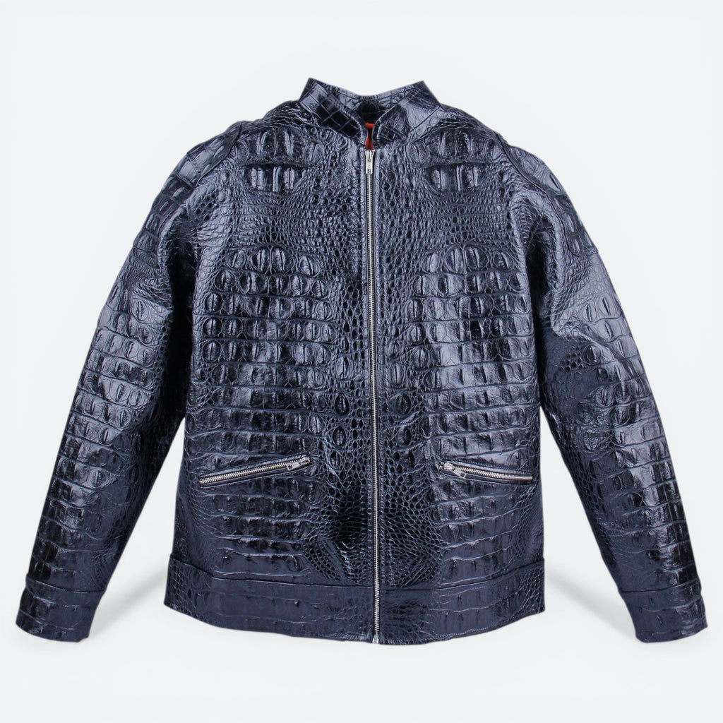 VEARI black genuine crocodile leather motorcycle jacket with silver zipper and pockets.
