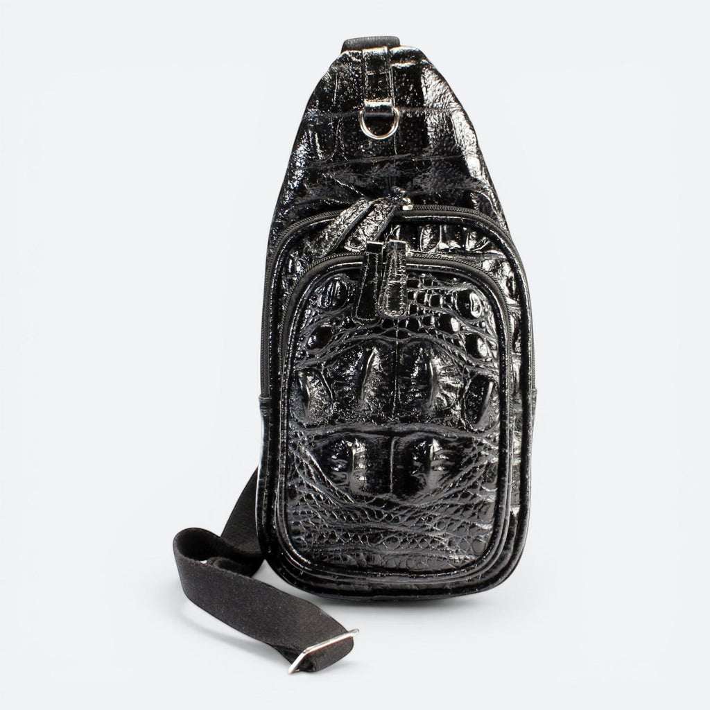 VEARI black hornback crocodile genuine leather sling backpack with zip pocket and organizer pockets.