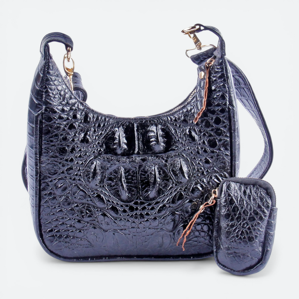 VEARI black genuine leather shoulder bag with hornback texture, zip pocket, and matching coin purse.