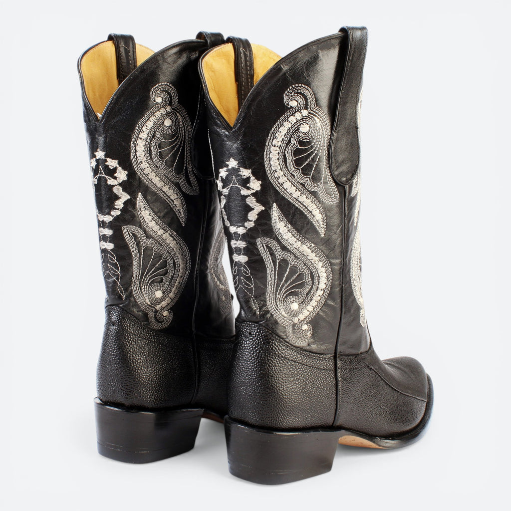 VEARI black genuine stingray western boots with white embroidery and leather sole.