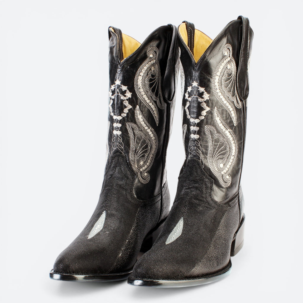 VEARI black genuine stingray western boots with white embroidery and leather sole.