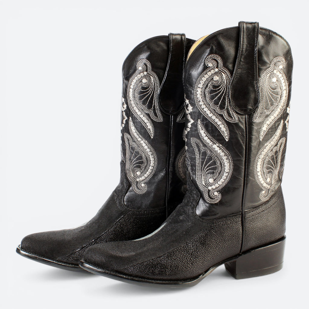 VEARI black genuine stingray western boots with white embroidery and leather sole.