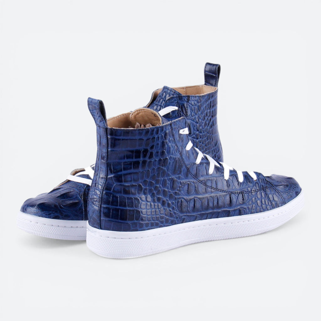 VEARI blue alligator genuine leather hi-top sneakers with white laces and full leather lining.