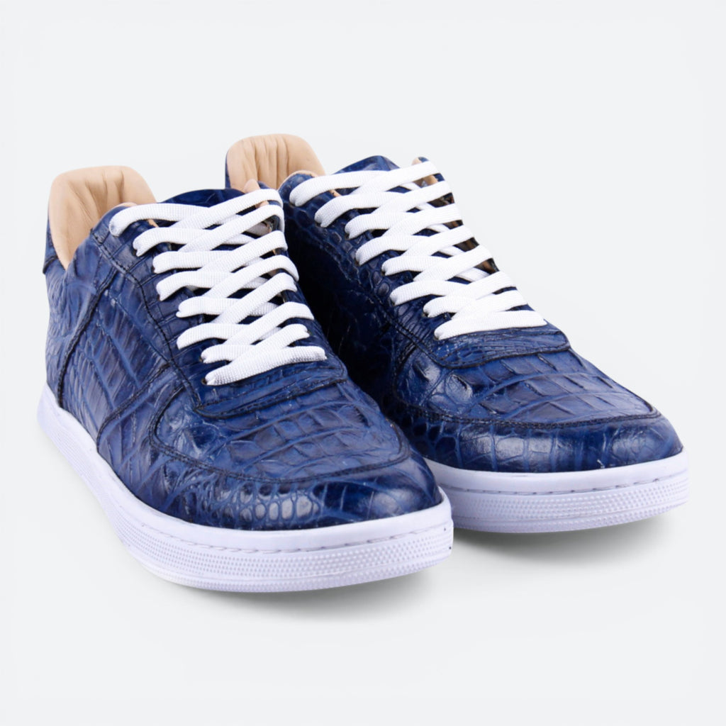 VEARI blue alligator leather low top sneakers with white laces and full leather lining.