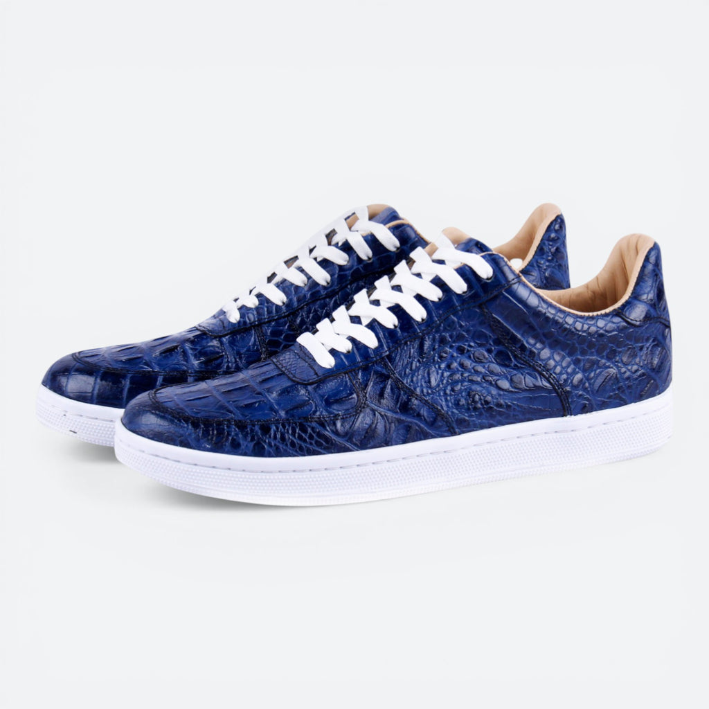 VEARI blue alligator leather low top sneakers with white laces and full leather lining.