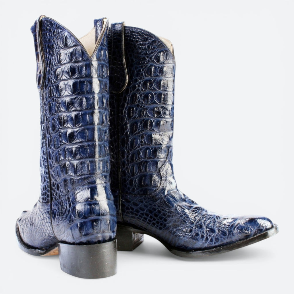 VEARI blue alligator leather western boots with full leather lining and sole.
