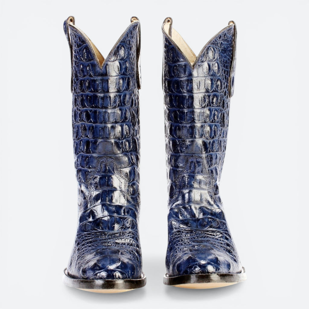 VEARI blue alligator leather western boots with full leather lining and sole.