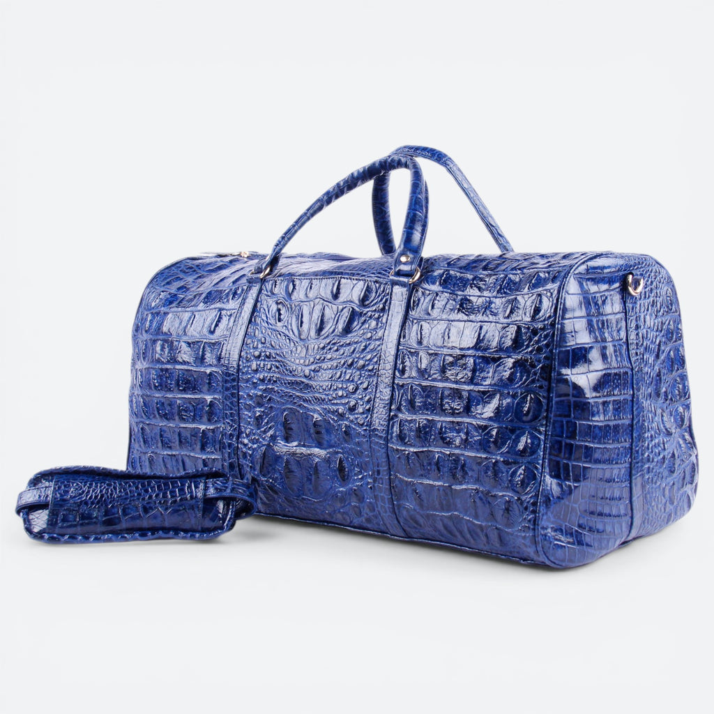 VEARIC blue genuine hornback crocodile leather carry-on duffel bag with zip pocket and organizer pockets.