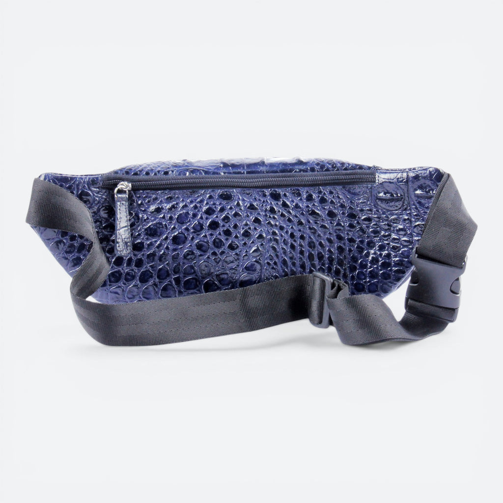 VEARI blue genuine leather fanny pack with crocodile texture, zip pocket, and adjustable strap.
