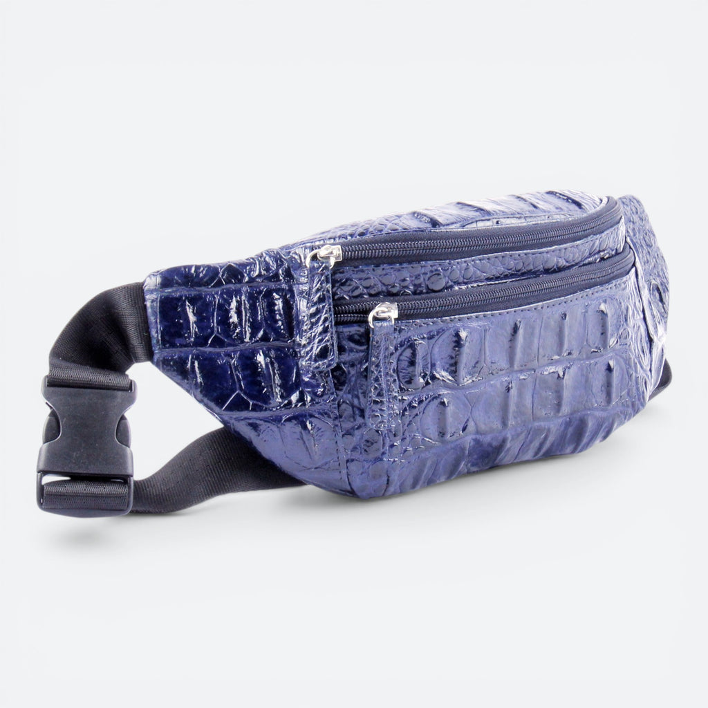 VEARI Savage Fanny Pack in blue genuine leather with crocodile texture, featuring two zip pockets and an adjustable strap.