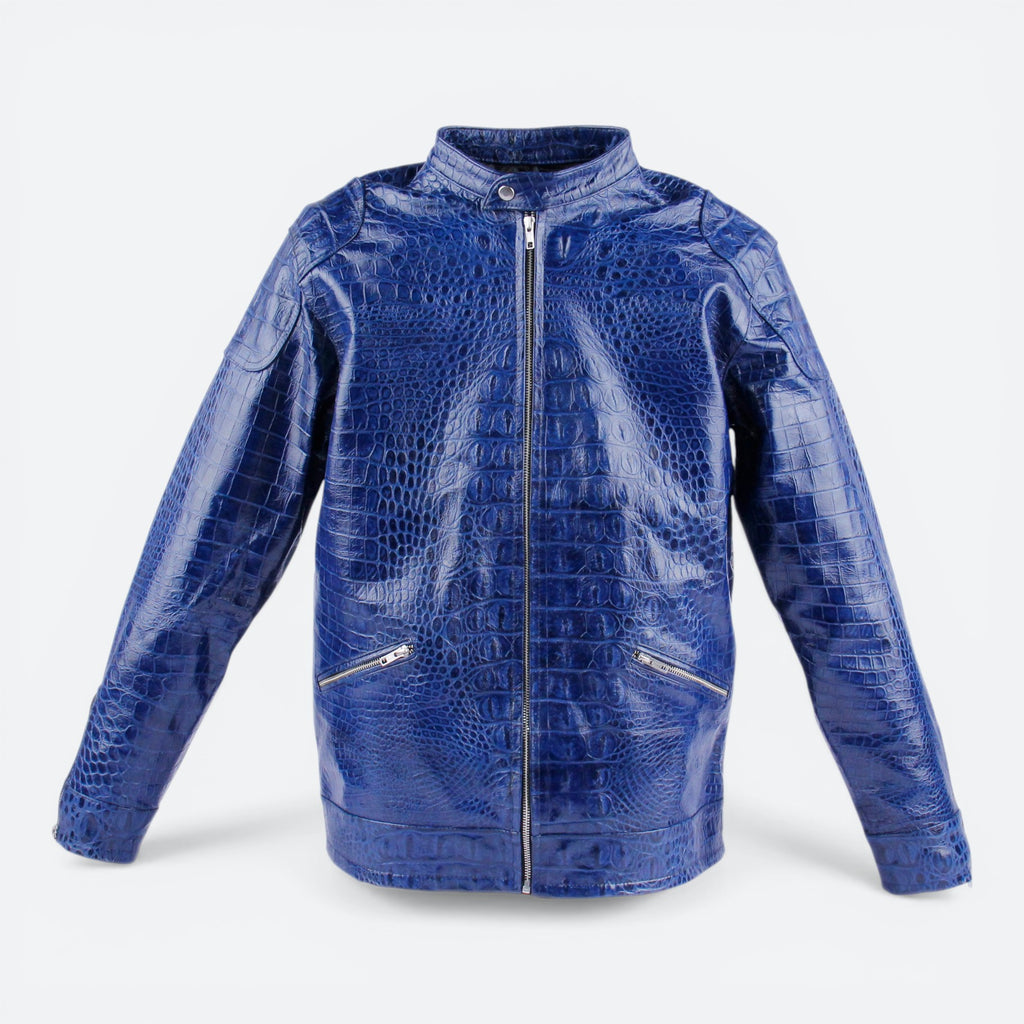VEARI blue hornback crocodile genuine leather Icon Jacket with zipper closure and two front pockets.