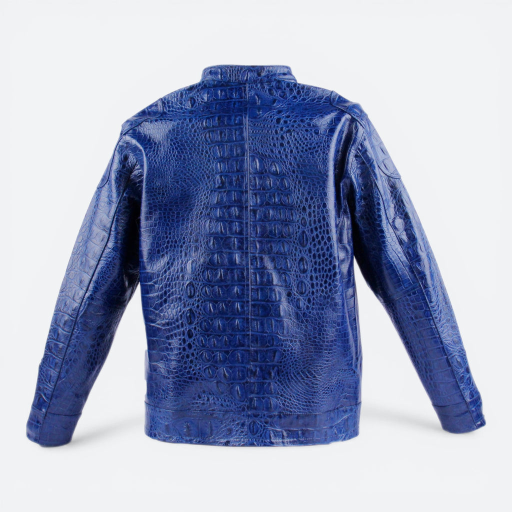 VEARI blue hornback crocodile genuine leather jacket with a textured finish and a stand-up collar.