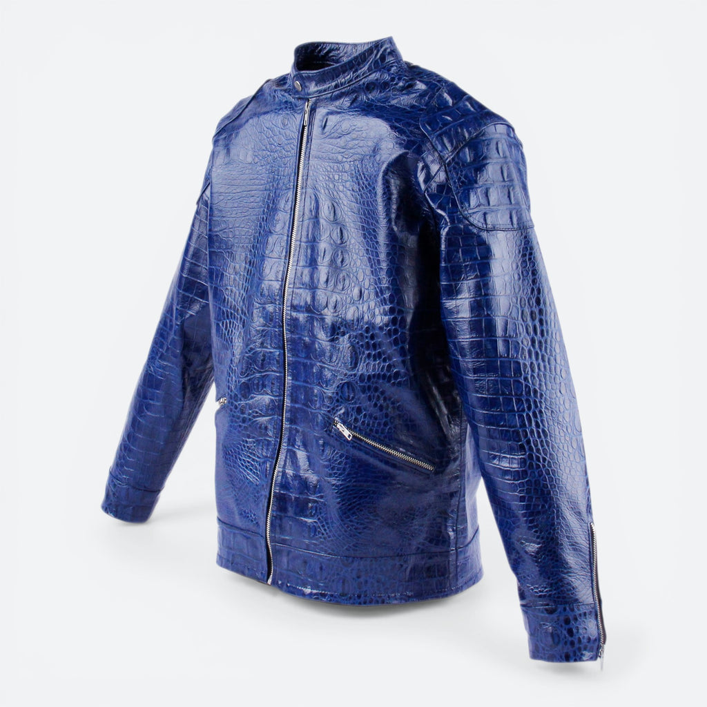 VEARI blue hornback crocodile genuine leather jacket with zip closure and pockets.