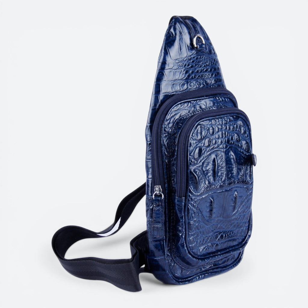 VEARI blue hornback crocodile genuine leather sling backpack with zip pocket and organizer pockets.