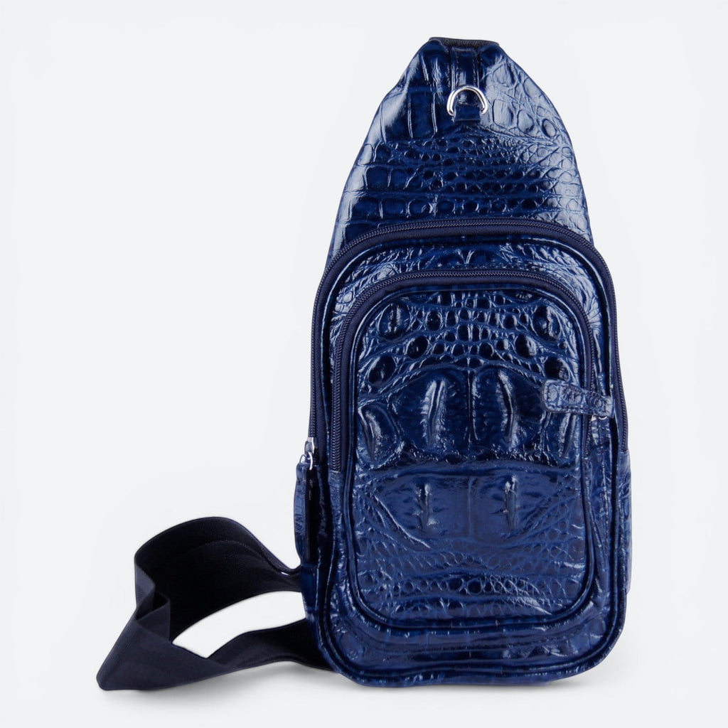 VEARI blue hornback crocodile genuine leather sling backpack with zip pocket and organizer pockets.