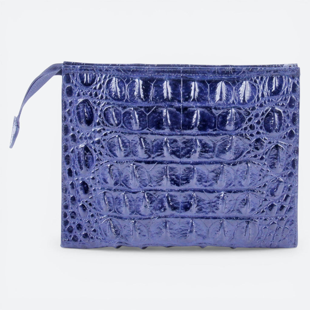 VEARI blue genuine leather travel bag with embossed crocodile pattern and zip closure. Interior zip and organizer pockets.