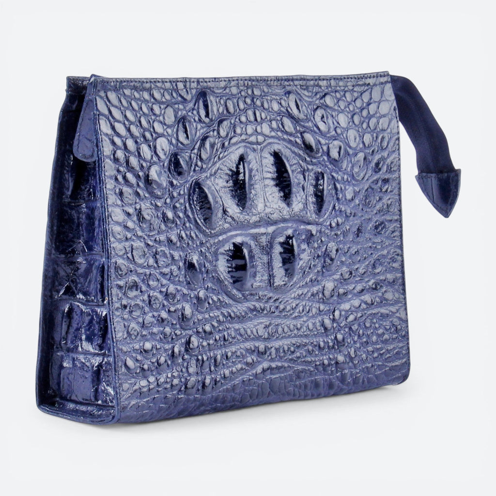 VEARI blue genuine leather clutch with hornback texture, zip pocket, and organizer pockets. Ideal for travel.