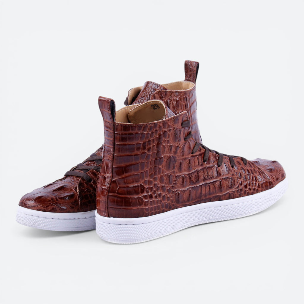 VEARI brown alligator leather hi-top sneakers with white soles and full leather lining.