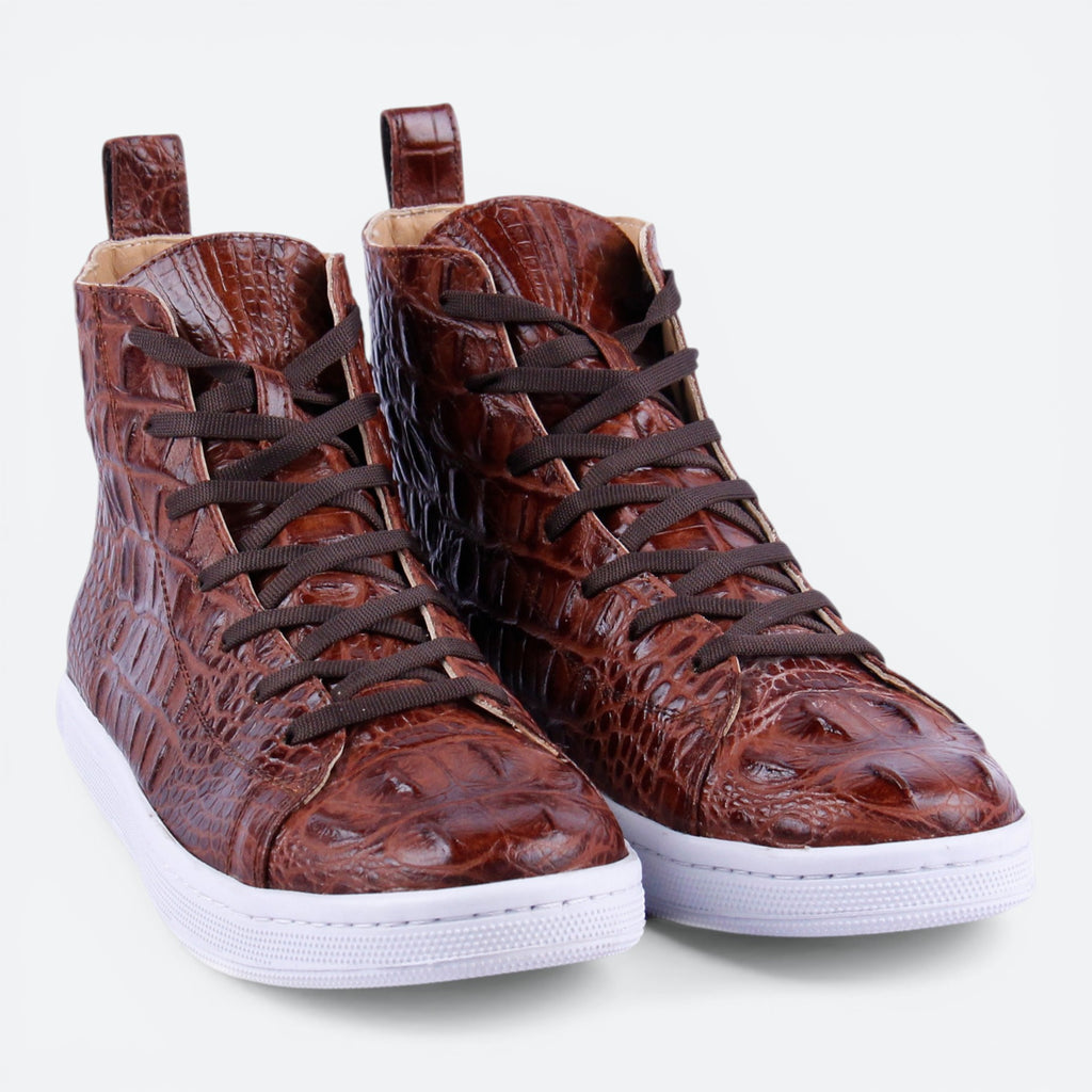 VEARI brown alligator leather hi-top sneakers with white soles and dark brown laces.