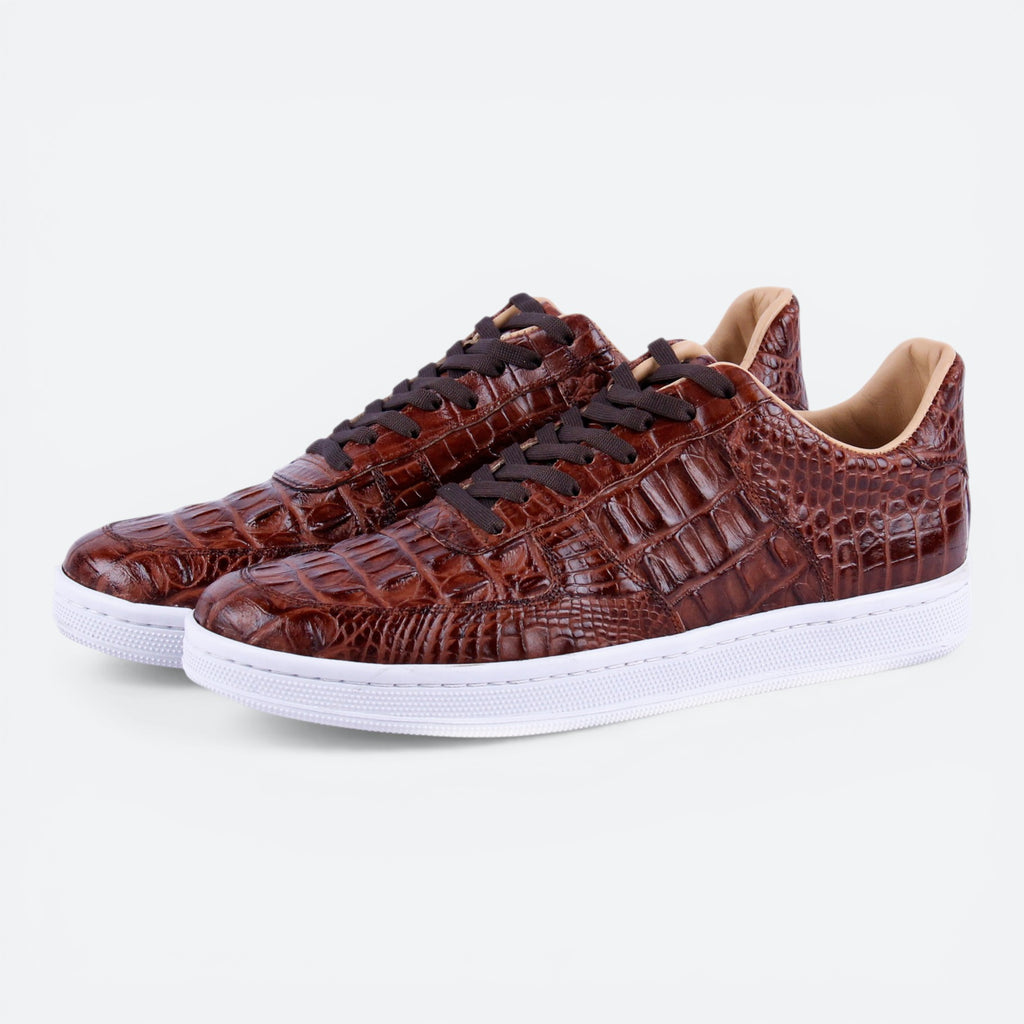 VEARI brown alligator leather low top sneakers with white soles and full leather lining.