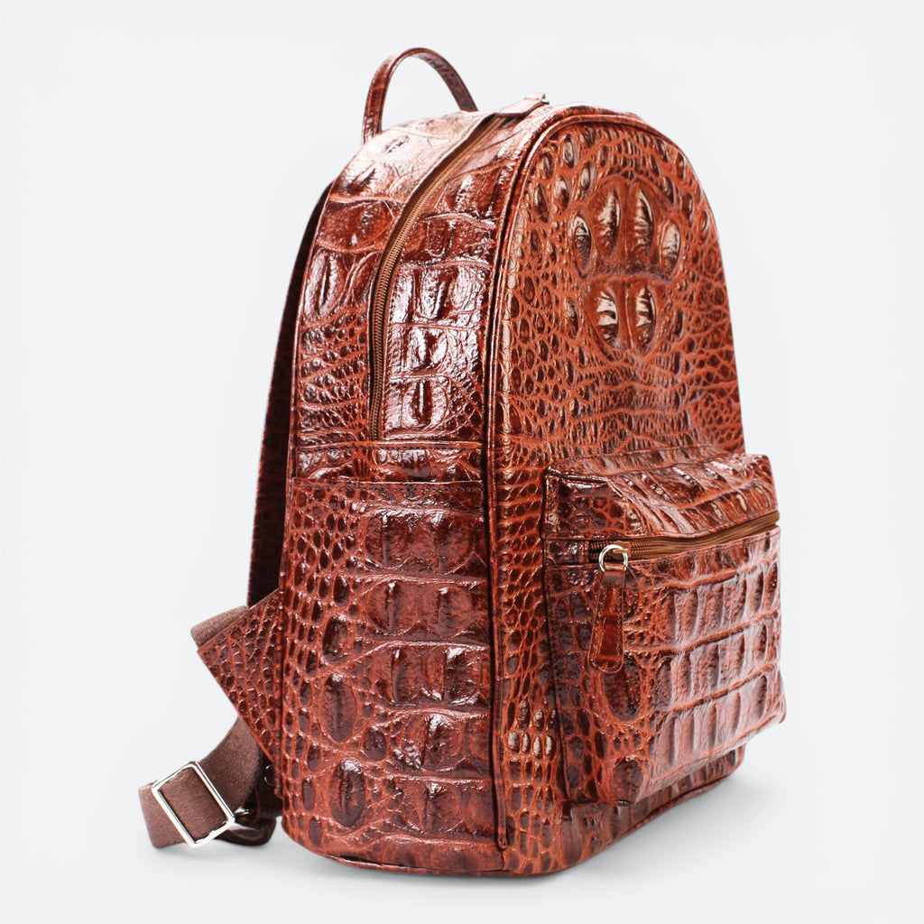 VEARI brown hornback crocodile genuine leather backpack with zip pocket and interior zip pocket.