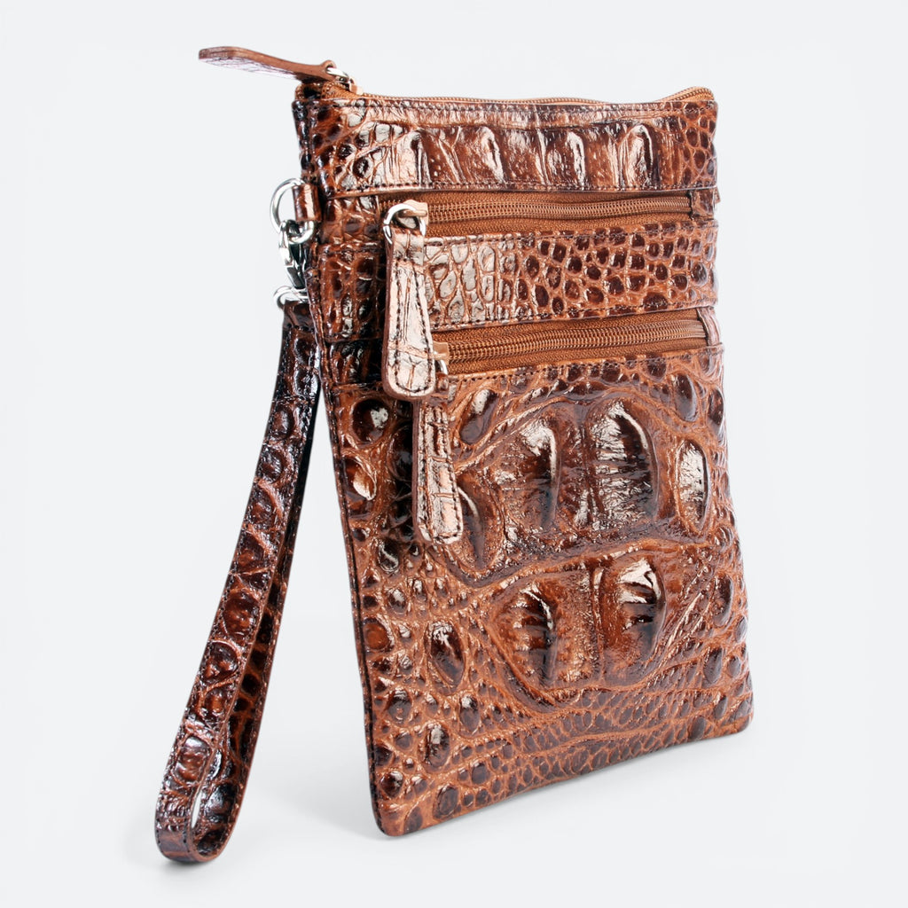 VEARI brown hornback crocodile genuine leather carrier bag with zip pockets and wrist strap