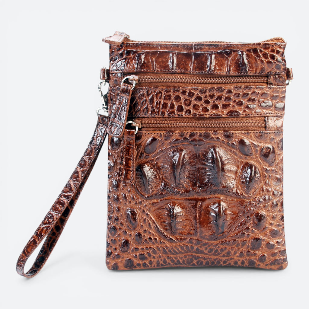 VEARI brown hornback crocodile genuine leather crossbody bag with zip pockets and organizer pockets.