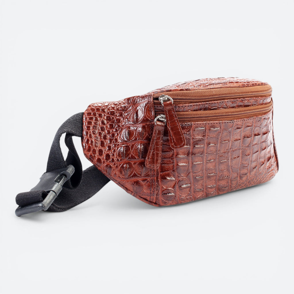 VEARI Savage Fanny Pack in brown genuine leather with crocodile embossed texture. Features zip pockets and adjustable strap.