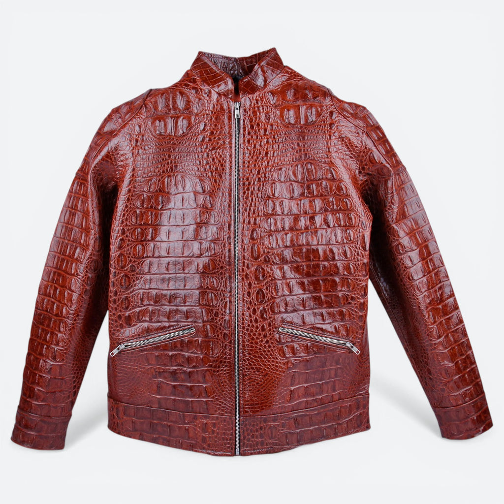 VEARI Icon Jacket in brown genuine crocodile leather with a zippered front and pockets. Motorcycle-inspired design.