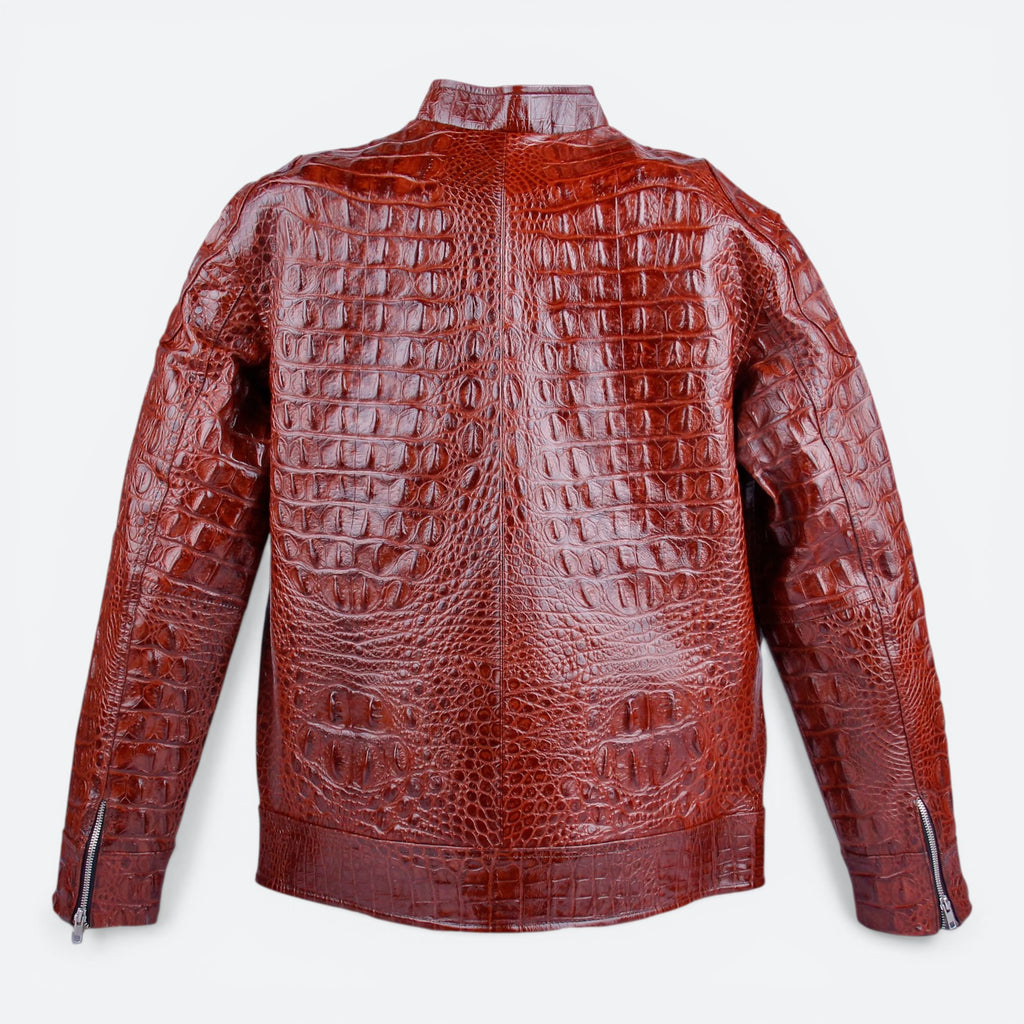 VEARI Icon Jacket in brown genuine crocodile leather with zippered cuffs and a stand-up collar.