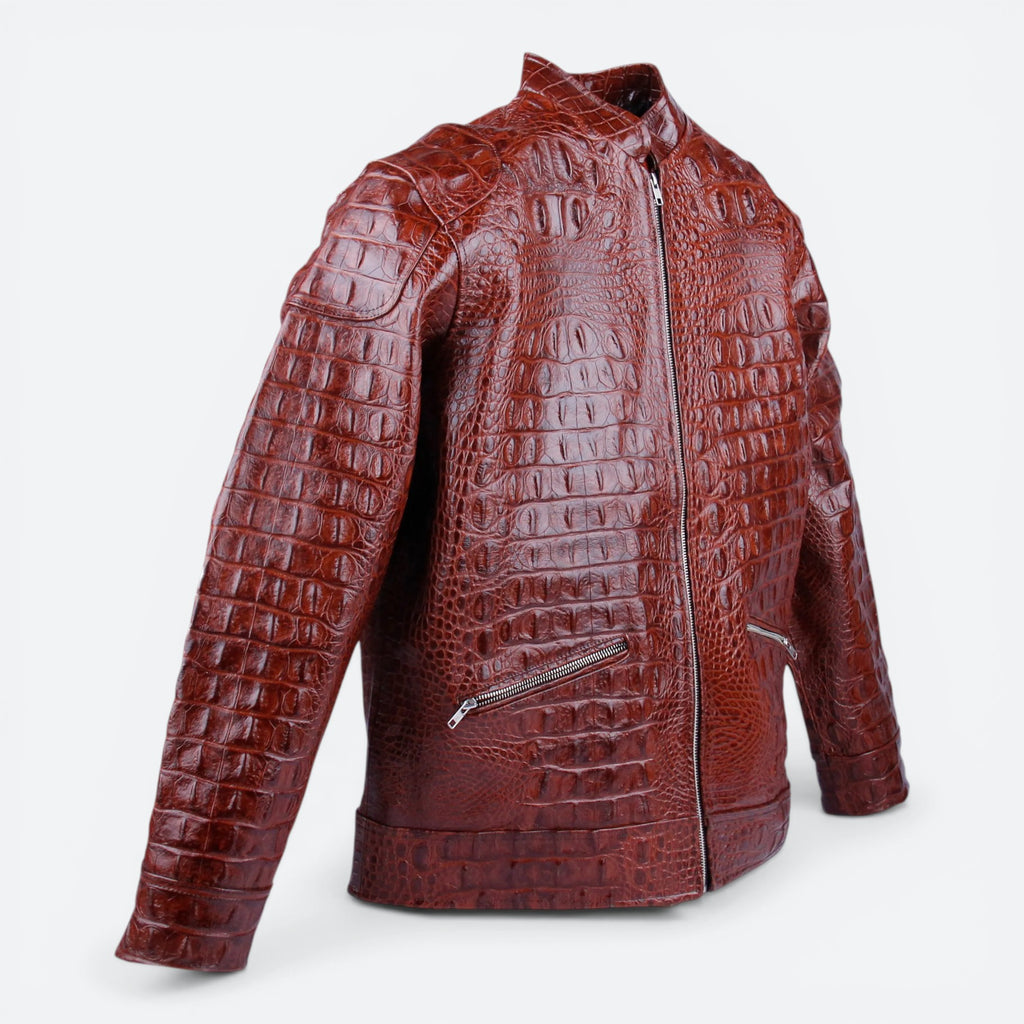 VEARI Icon Jacket in brown genuine crocodile leather with a zippered front and pockets. Motorcycle-inspired design.