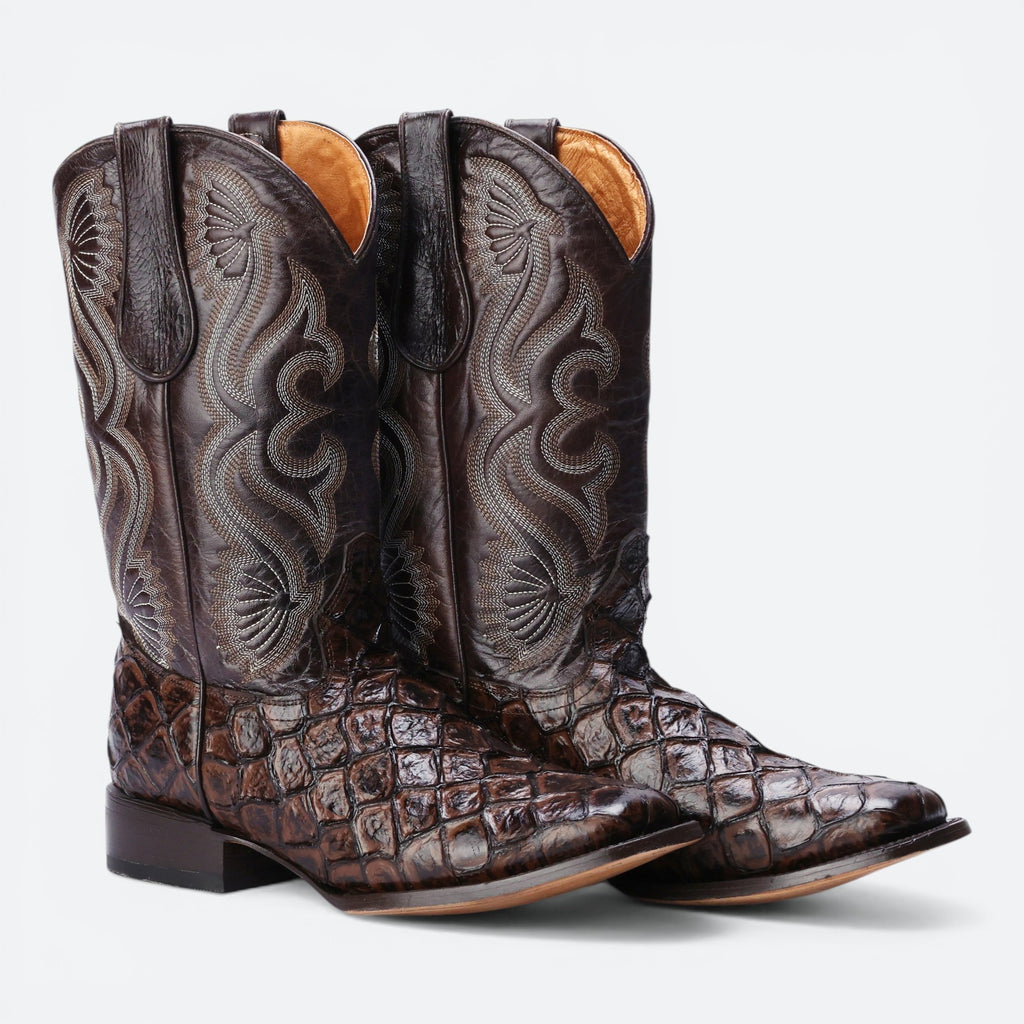 VEARI Brown Sea Bass genuine leather western boots with intricate stitching and a textured scale pattern.