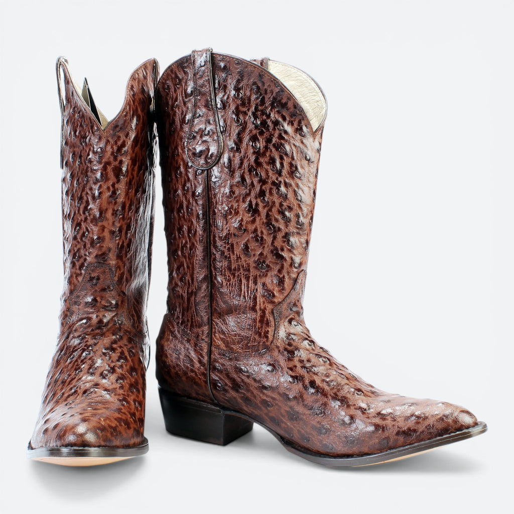 VEARI Buitre men's western boots in dark brown ostrich leather with full leather lining and sole.