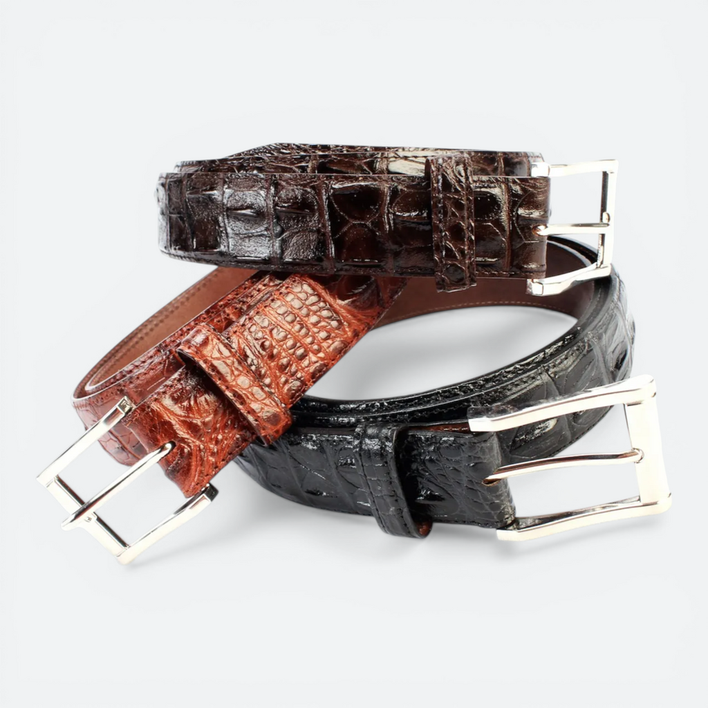 VEARI genuine crocodile design leather belts in black, dark brown, and light brown with silver buckles. 1.3